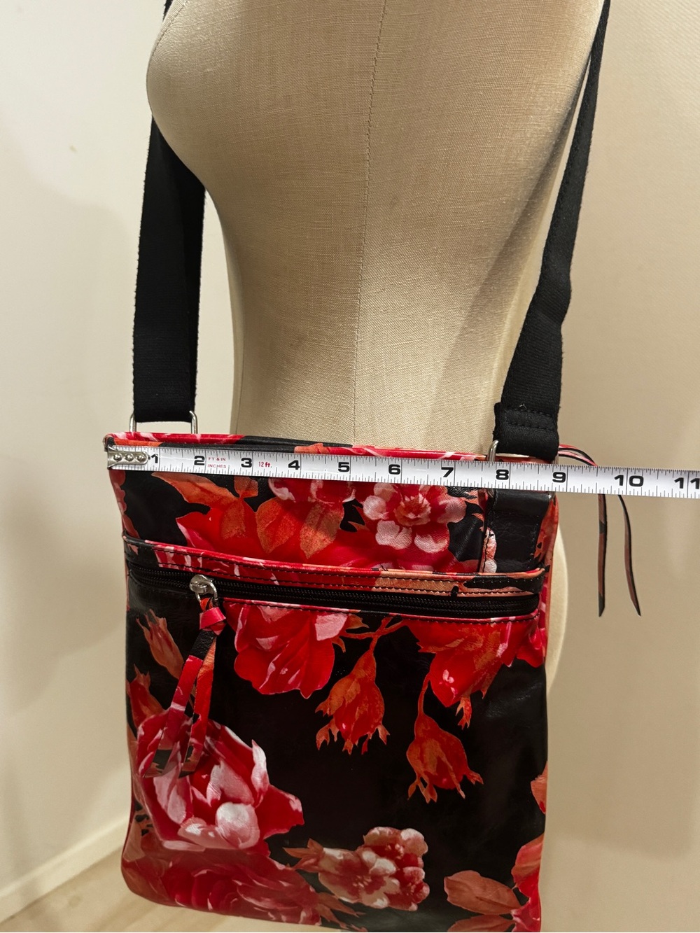 Maurizio Taiuti Black Crossbody with Red Floral Print genuine leather made Italy - Picture 9 of 12
